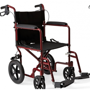 Medline Lightweight Foldable Transport Wheelchair with Handbrakes and 12-Inch Wheels, Red Frame, Black Upholstery