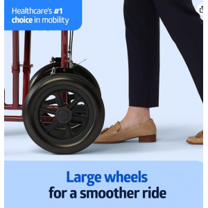 Medline Lightweight Foldable Transport Wheelchair with Handbrakes and 12-Inch Wheels, Red Frame, Black Upholstery