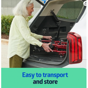 Medline Lightweight Foldable Transport Wheelchair with Handbrakes and 12-Inch Wheels, Red Frame, Black Upholstery