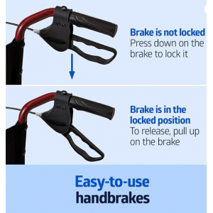 Medline Lightweight Foldable Transport Wheelchair with Handbrakes and 12-Inch Wheels, Red Frame, Black Upholstery