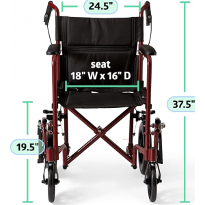 Medline Lightweight Foldable Transport Wheelchair with Handbrakes and 12-Inch Wheels, Red Frame, Black Upholstery