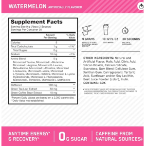 Optimum Nutrition Amino Energy - Pre Workout with Green Tea, BCAA, Amino Acids, Keto Friendly, Green Coffee Extract, Energy Powder - Watermelon, 30 Se