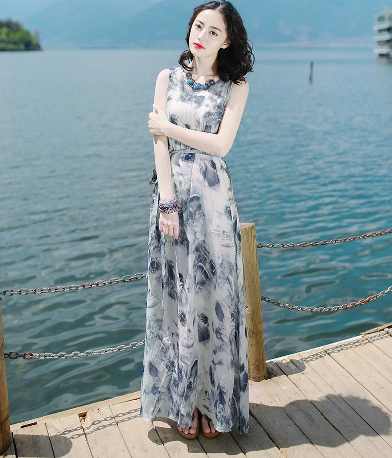 2023 new temperament women&#039;s clothing early spring beach skirt high-end ink painting vest long skirt bohemian dress