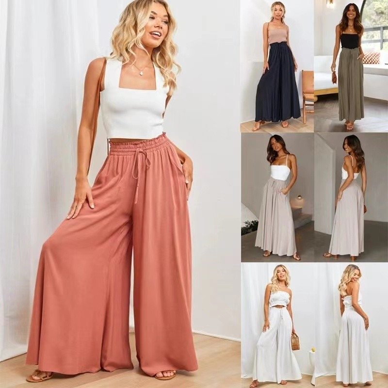 Europe and the United States cross-border summer new women&#039;s wide-leg pants elastic belt wide-leg high waist long skirt pants female