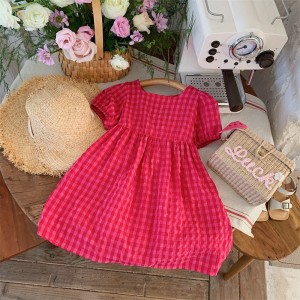 Girls dress 2023 summer 90-130 size Korean version foreign style plaid back tie dress cotton skirt