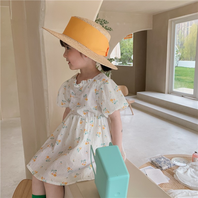 Girls&#039; dress 2023 summer new Korean version puff sleeve broken flower skirt foreign cute baby girl princess dress