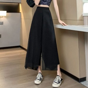 Japanese and Korean style foreign trade women&#039;s cross-border fake two black cropped pants large size irregular chiffon wide-leg casual pants skirt