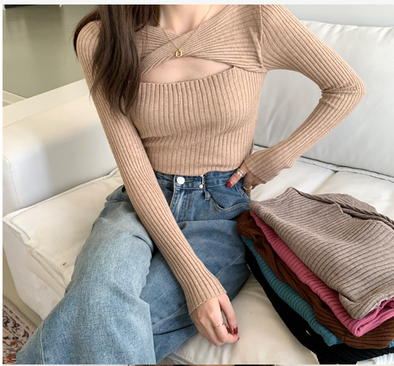 Autumn and winter design sense openwork long-sleeved knit sweater woman careful slim and slim outside, wear a V-neck pullover undershirt