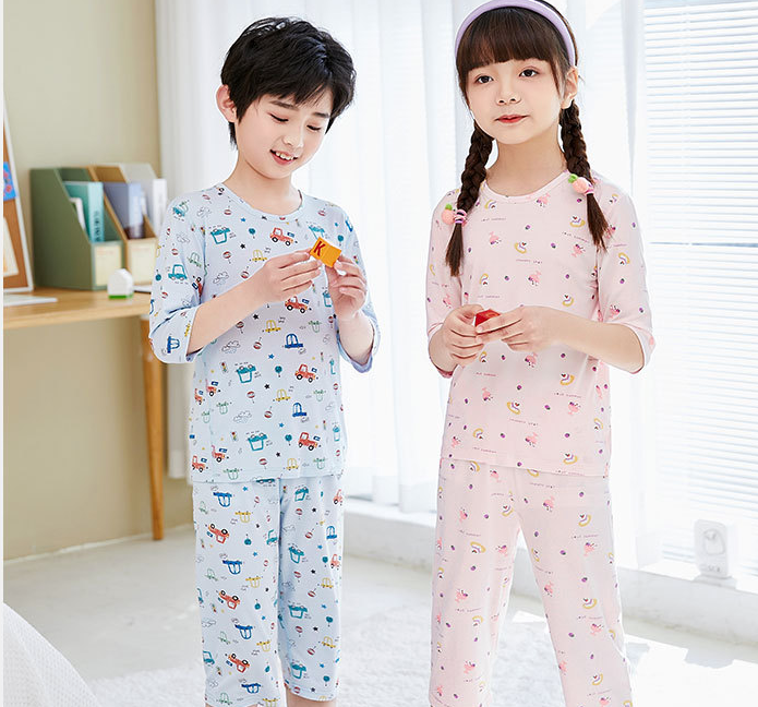 Yacell children&#039;s loungewear seven-sleeved pants set medium and small children&#039;s air conditioning clothing, male and female baby pajamas, pajamas and