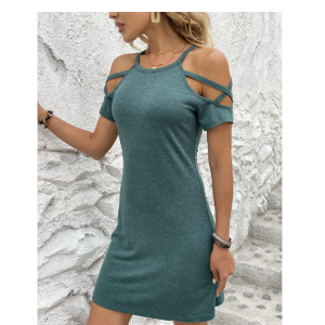 2023 new European and American foreign trade cross-border Amazon hot sale summer solid color fashion sexy short sleeve slim dress