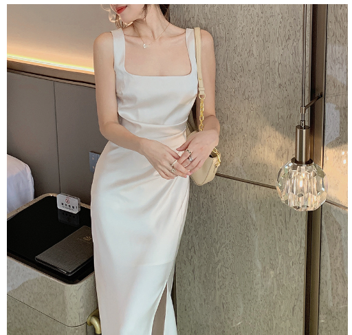 White suspender early spring new dress women&#039;s slim satin French luxury sense niche long skirt