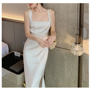 White suspender early spring new dress women&#039;s slim satin French luxury sense niche long skirt