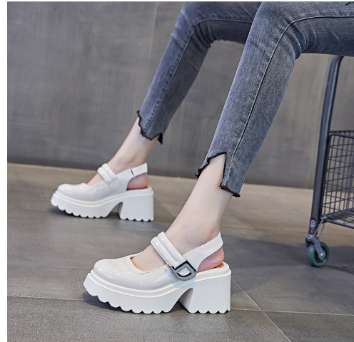 Baotou single shoes women&#039;s summer line with patent leather Mary Jane shoes commuter high heel sandals fairy shoes round toe block heels