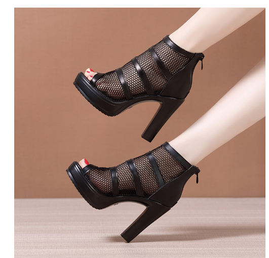 High heeled block heel sandals women&#039;s 2023 summer versatile mesh fishbill shoes women&#039;s platform large size 43 openwork Roman sandals