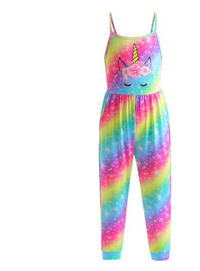 European and American children&#039;s clothing girls&#039; suspenders 2023 springsummer children&#039;s jumpsuit rainbow unicorn girls suspender trousers