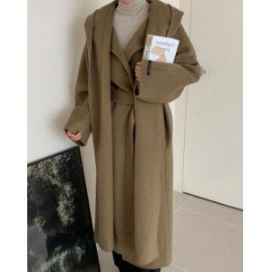 Autumn and winter French high-grade hooded strap waist slimming medium long woolen coat coat woman